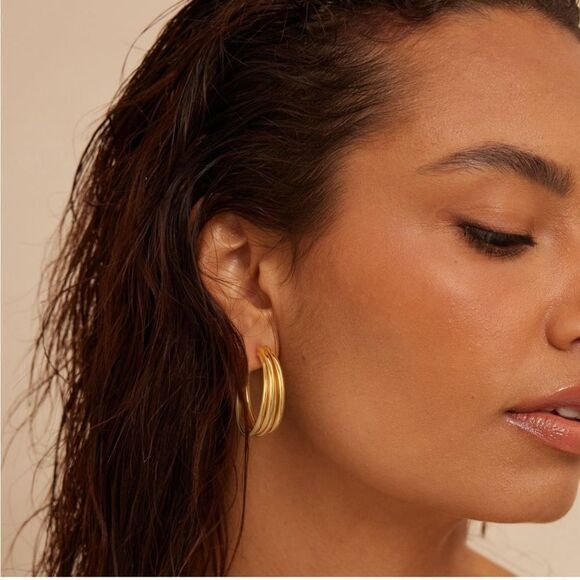 Gold 18k Gold Plated Layered Hoop Cuff Earrings - Picture 1 of 2